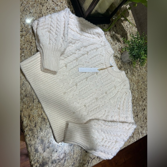 House of Harlow 1960 Wool Blend Ivory Cable Knit Pearl Embellished Sweater Large - Picture 3 of 9